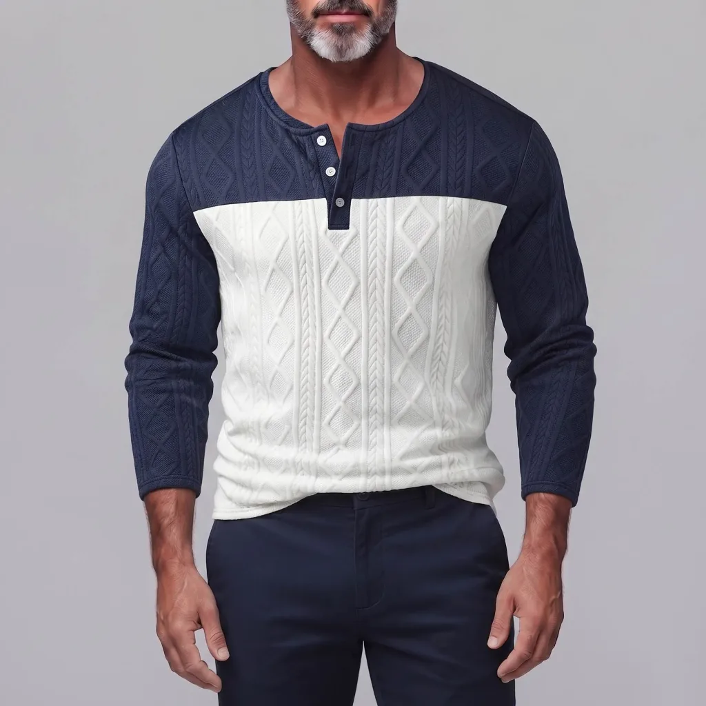 Men's Colorblock Twist Geometric Pattern Slim Fit Long Sleeve Henley Shirt