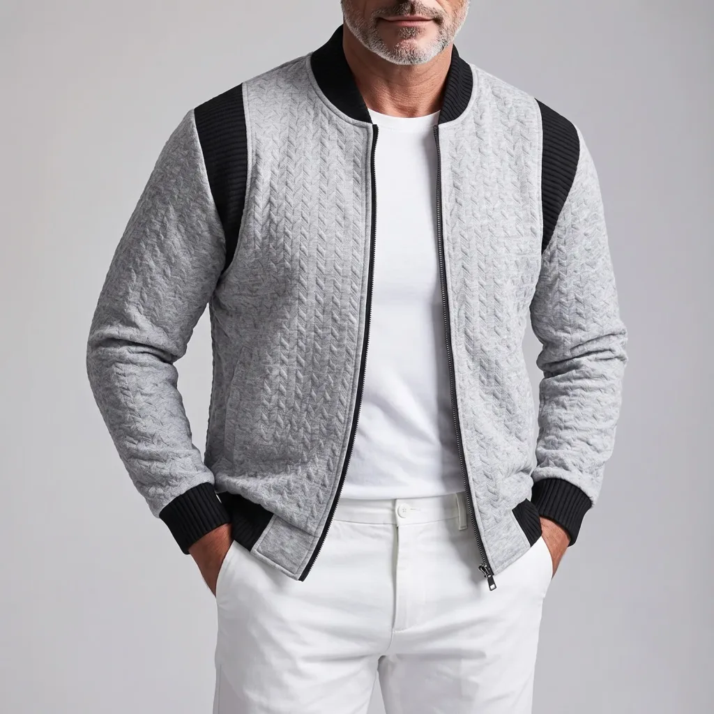 Men's Fashion Gray Colorblock Stand Collar Cable Knit Slim Fit Zip-Up Jacket