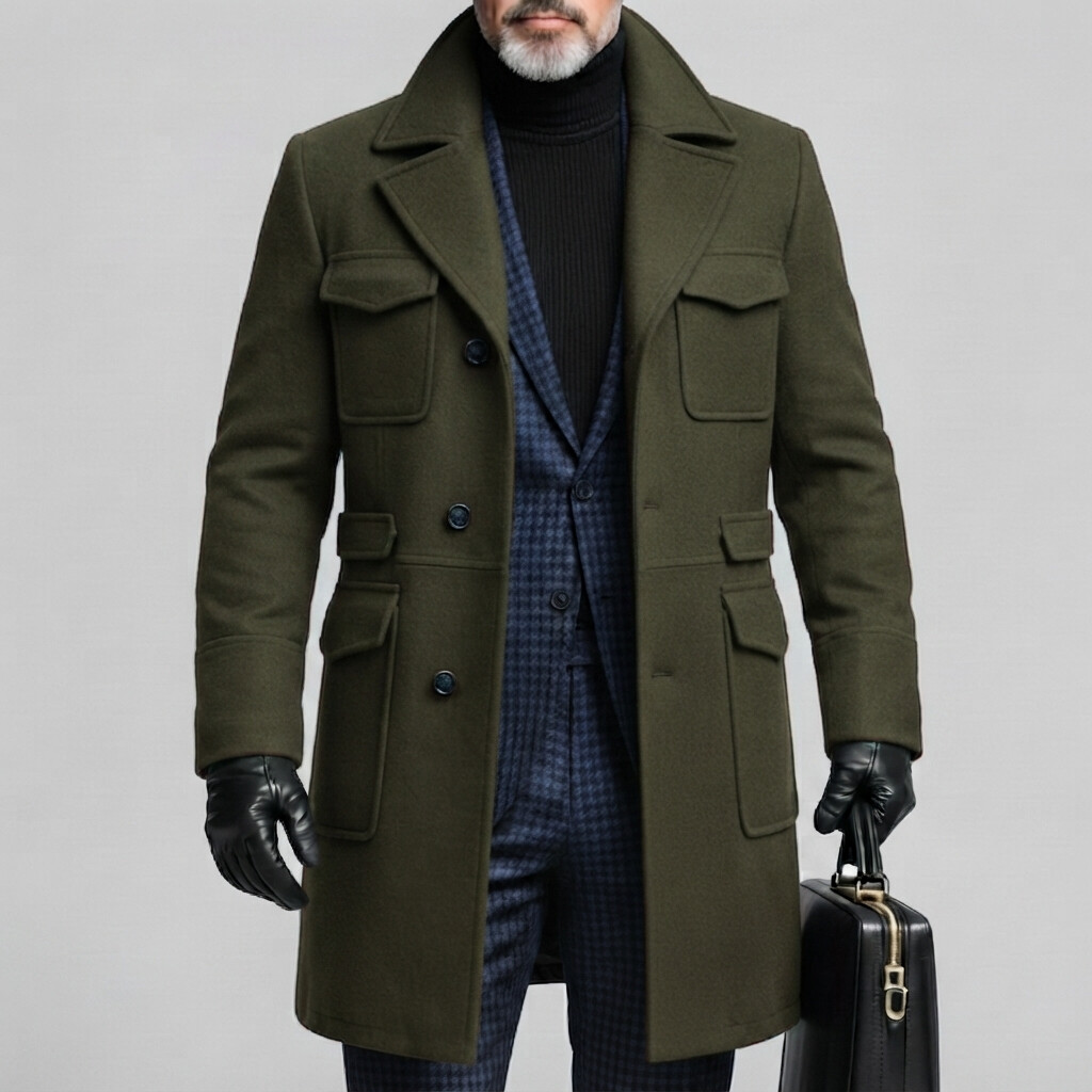 Men's Army Green Plain Notch Lapel Multi-Pocket Mid-Length Single-Breasted Woolen Coat