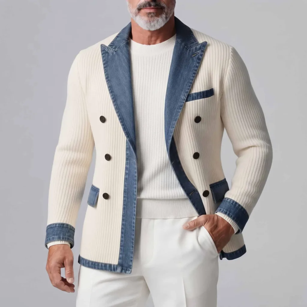 Men's Chic Beige Ribbed Knit Contrast Peak Lapel Double-Breasted Slim Fit Blazer