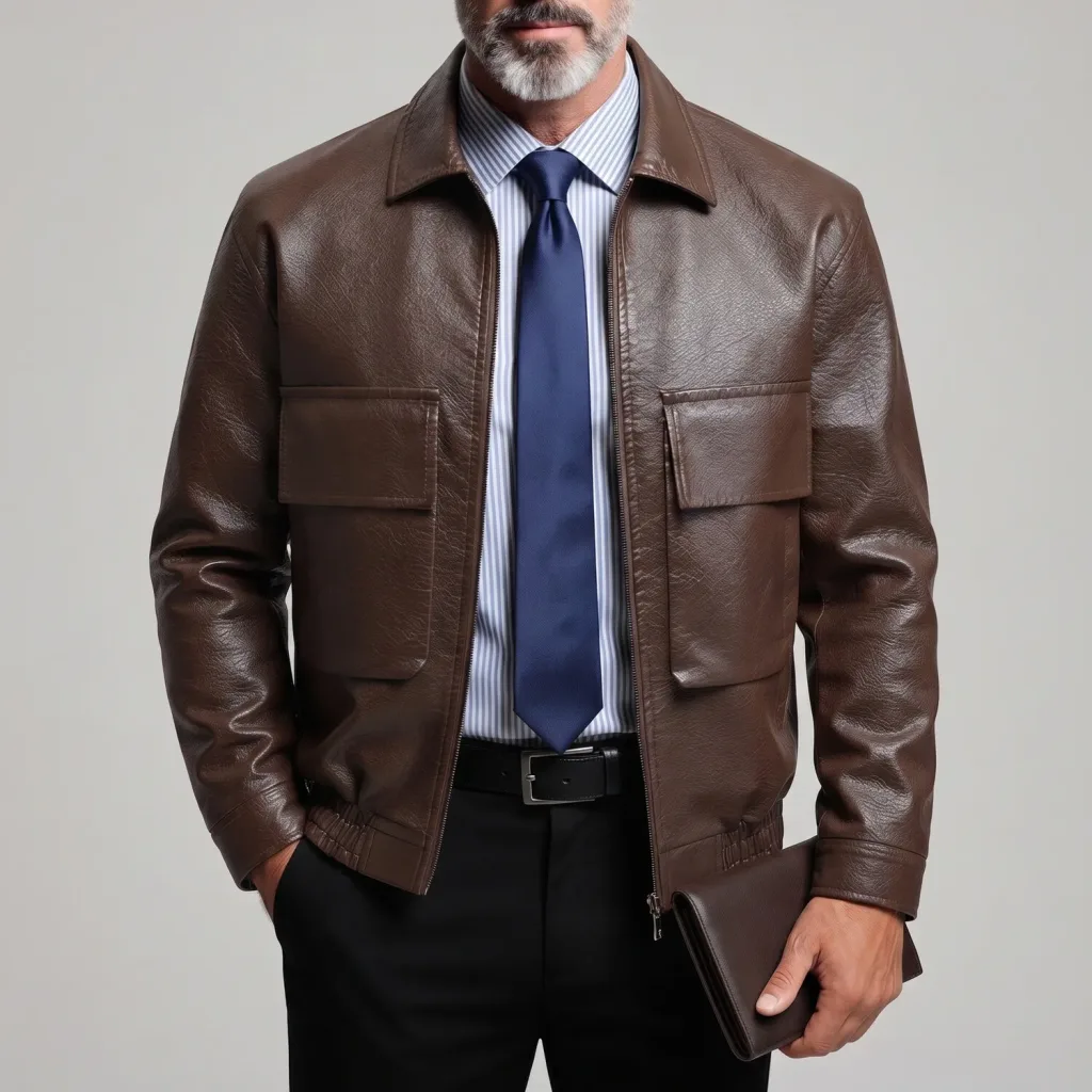 Men's Coffee Turndown Collar Dual Chest Pockets Zipper PU Leather Jacket