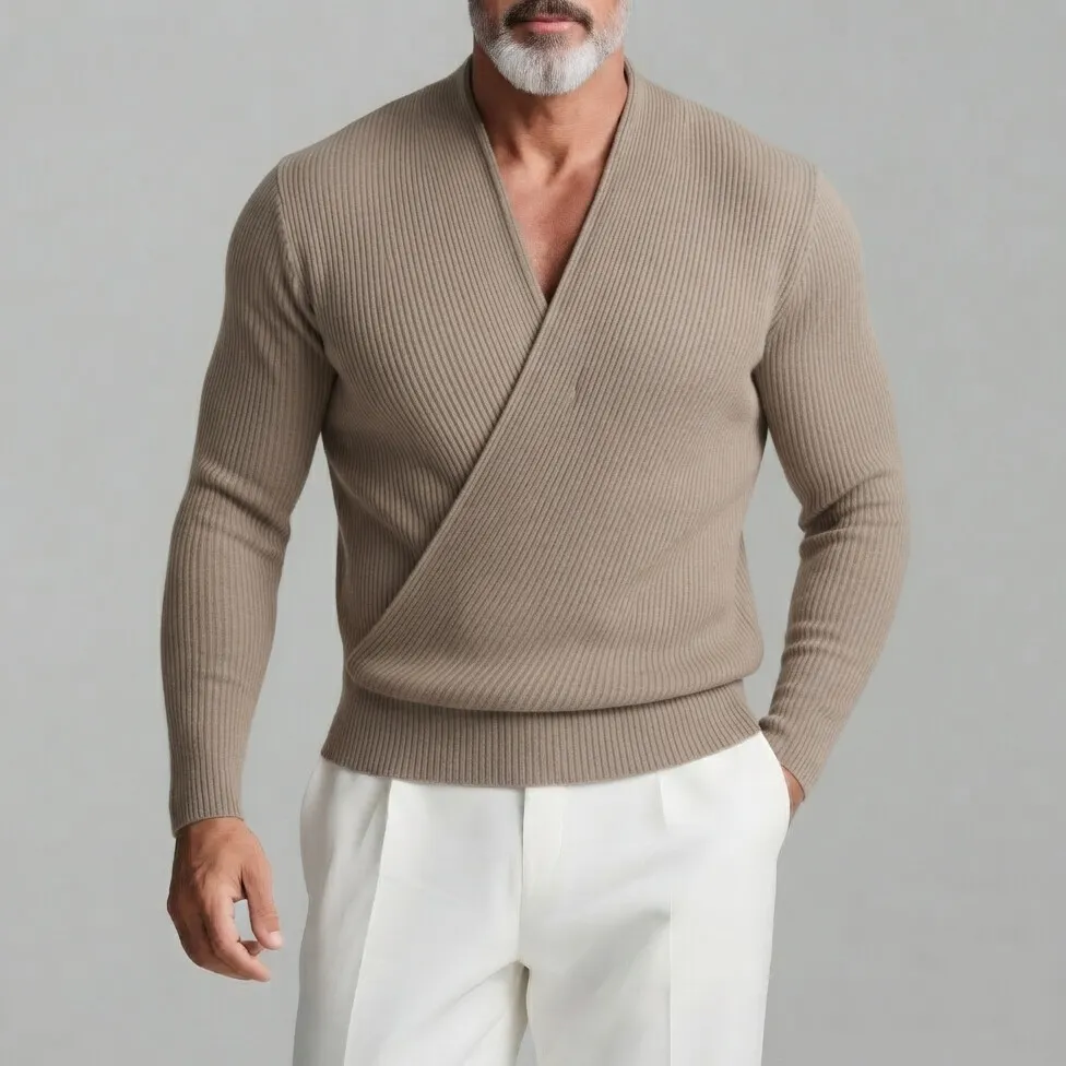 Men's Ribbed Knit Solid Color Long Sleeve Wrap Pullover Sweater