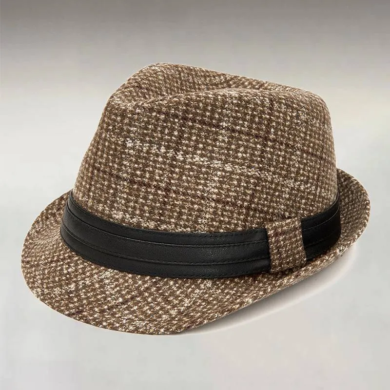 Men's Retro Plaid Pattern Leather Band Detail Short Brimmed Classic Fedora Hat
