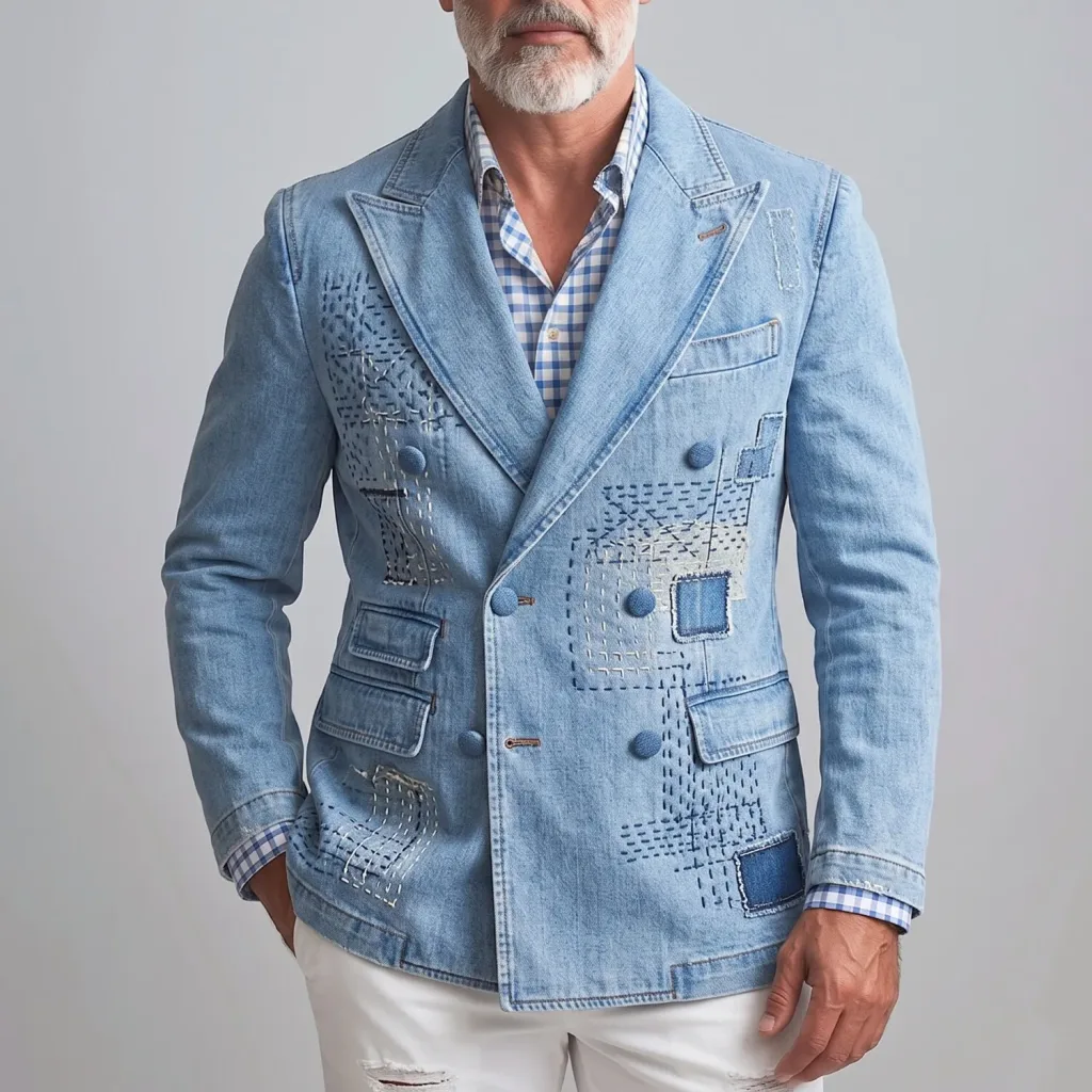 Men's Vintage Denim Peak Lapel Contrast Stitching Double-Breasted Blazer