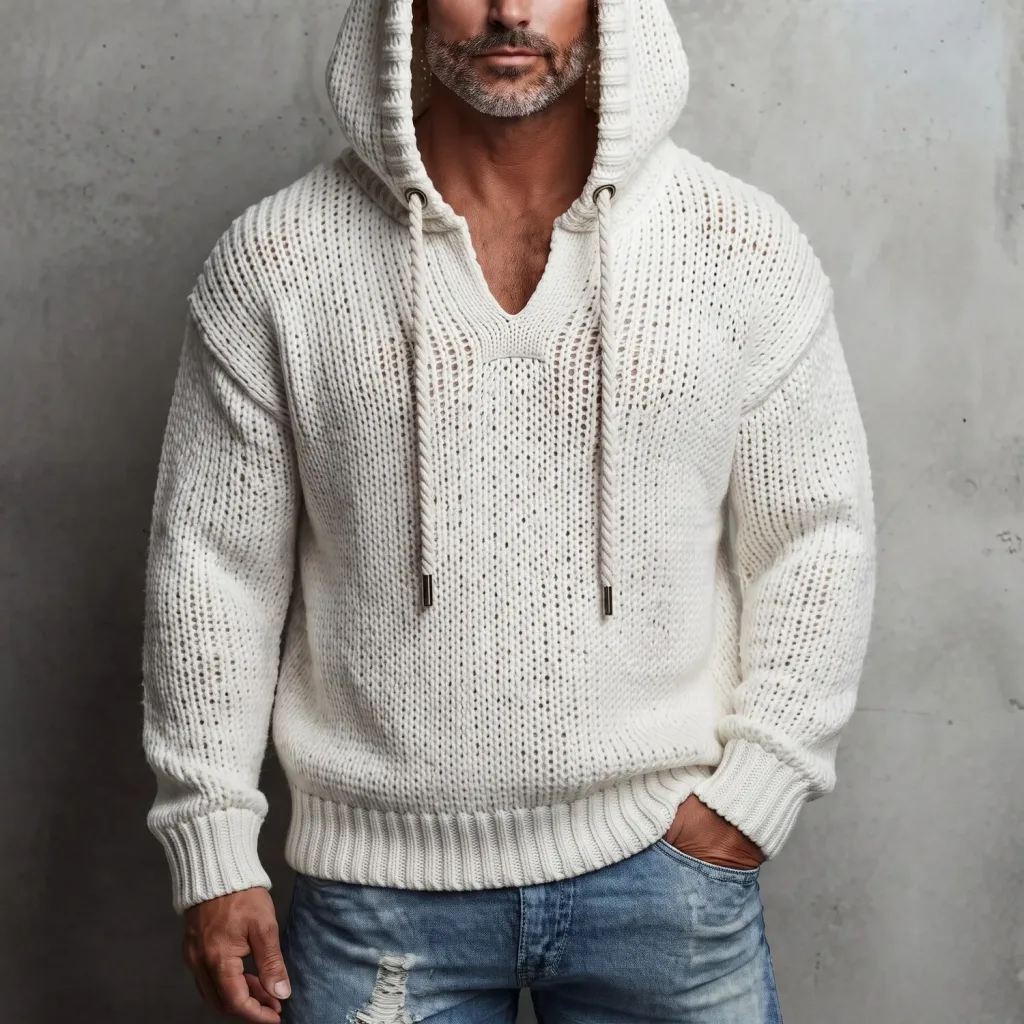 Men's Beige V-Neck Ribbed Cuffs Drawstring Chunky Knitted Pullover Hoodie