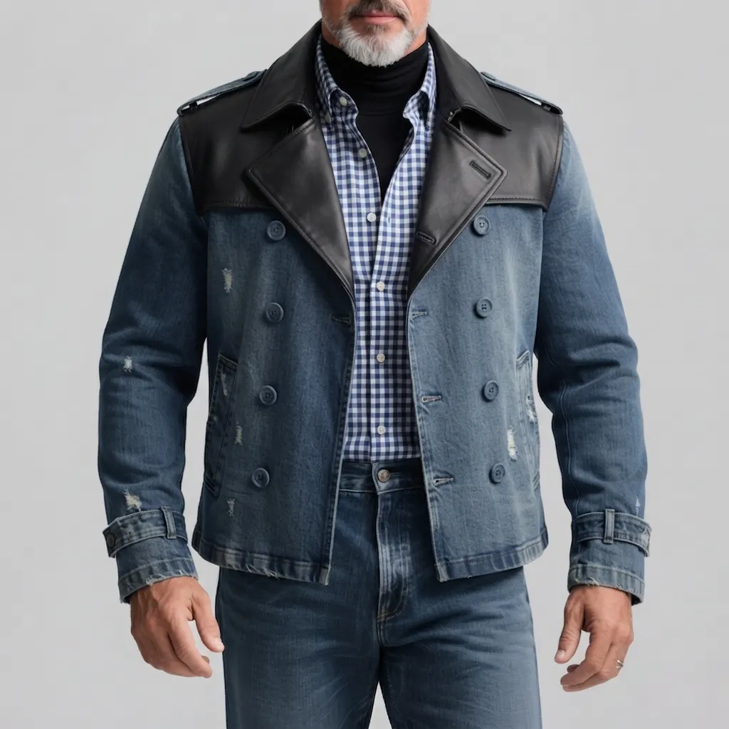 Men's Vintage Ripped Double-Breasted Contrast PU Leather Lapel Collar Denim Jacket