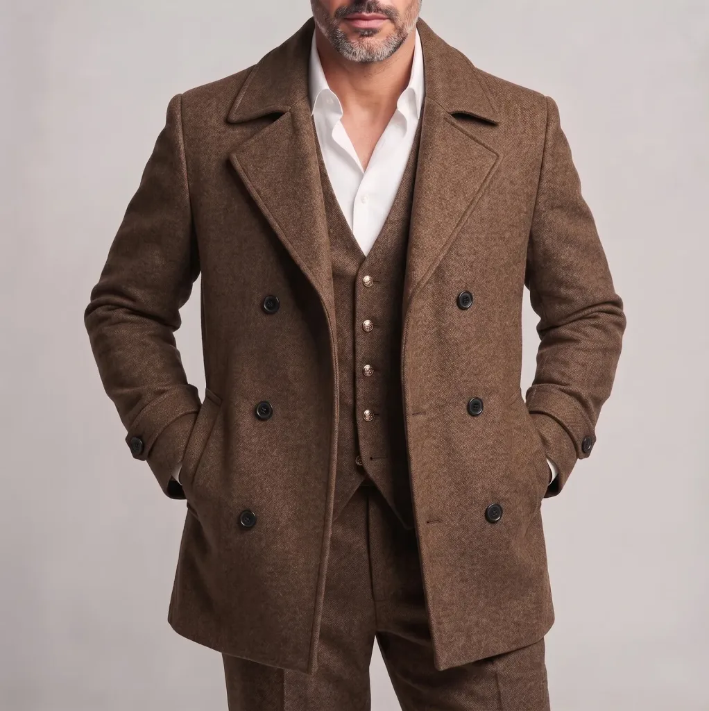 Men's Classic Solid Color Notch Lapel Slant Pocket Double Breasted Woolen Coat