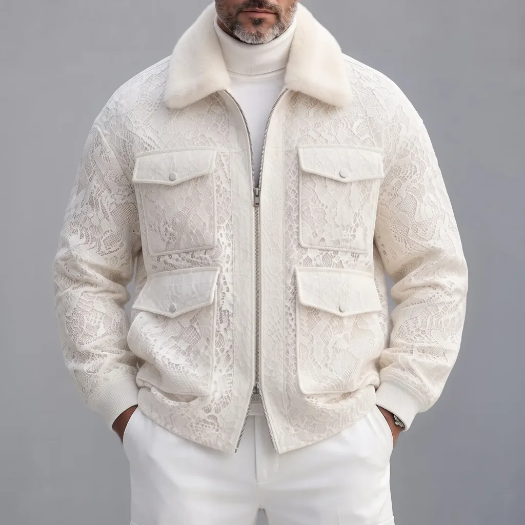 Men's Elegant White Lace Fuzzy Collar Multi-Pocket Zipper Bomber Jacket