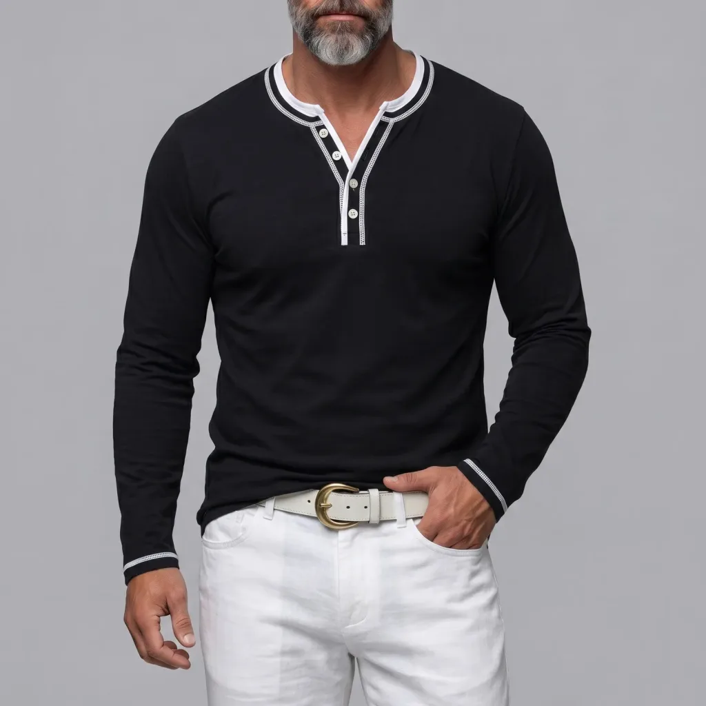 Men's Casual Solid Color Contrast Trim Button Placket Slim Fit Long Sleeve 2 in 1 Henley Shirt