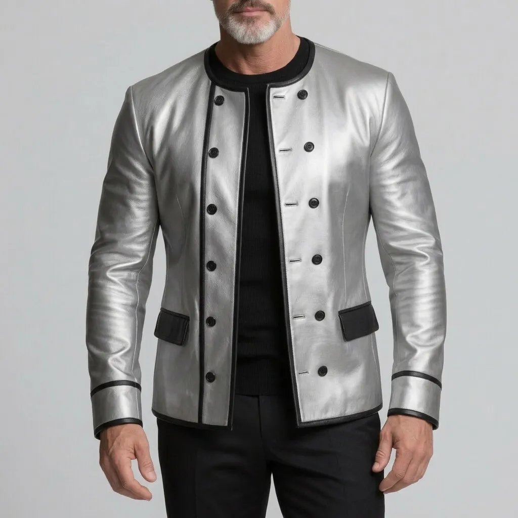 Men's Fashion Silver PU Leather Double-Breasted Contrast Binding Slim Jacket