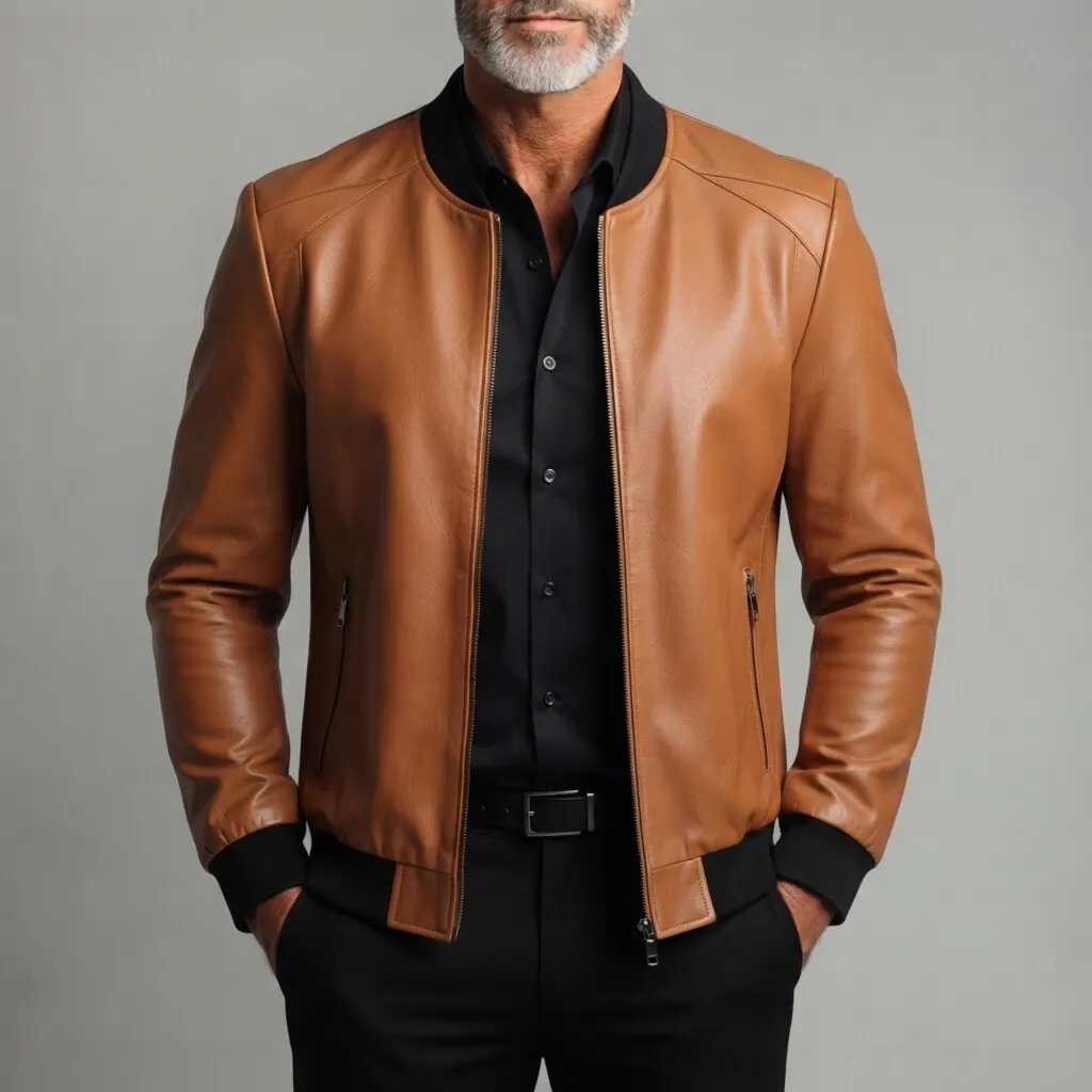 Men's Classic PU Leather Solid Color Zipper Pockets Slim Fit Bomber Jacket