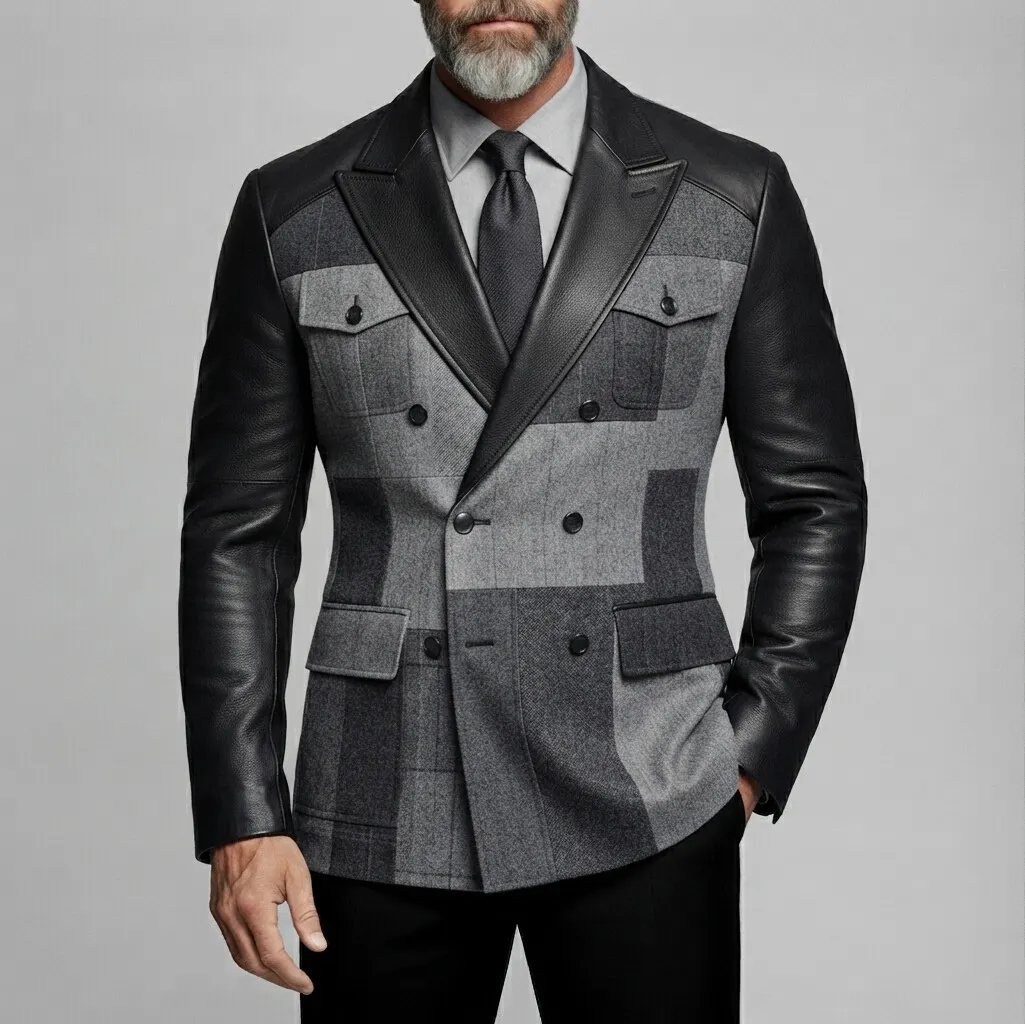 Men's Vintage Gray Plaid Print PU Leather Patchwork Peak Lapel Double-Breasted Blazer