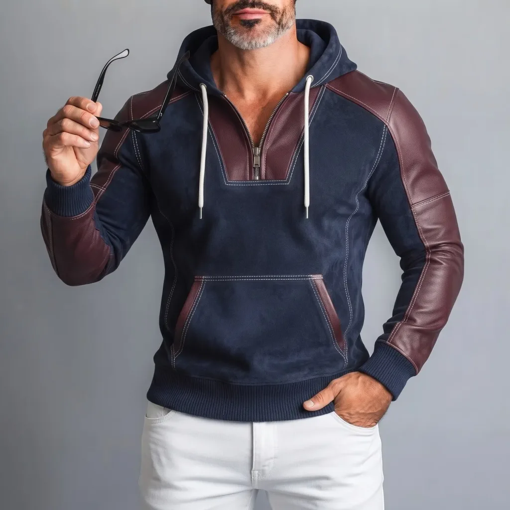Men's Navy Blue Suede Patchwork PU Leather Two-Tone Half-Zip Pullover Hoodie