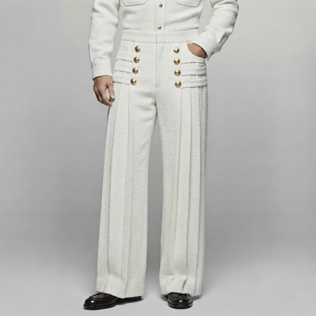 Men's Vintage White Pleated Double-Breasted High-Waisted Wide Leg Suit Pants
