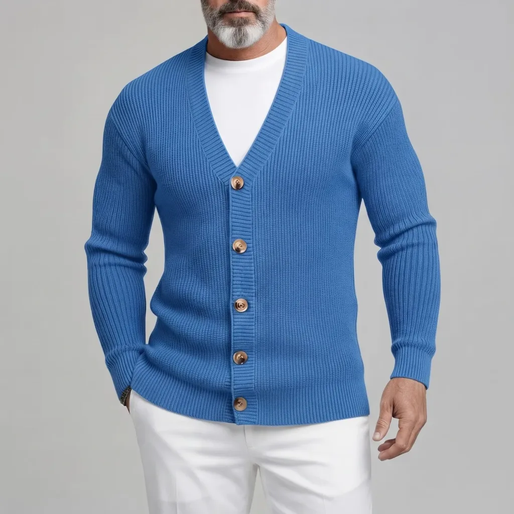 Men's Casual Solid Color V Neck Single Breasted Ribbed Knitted Cardigan
