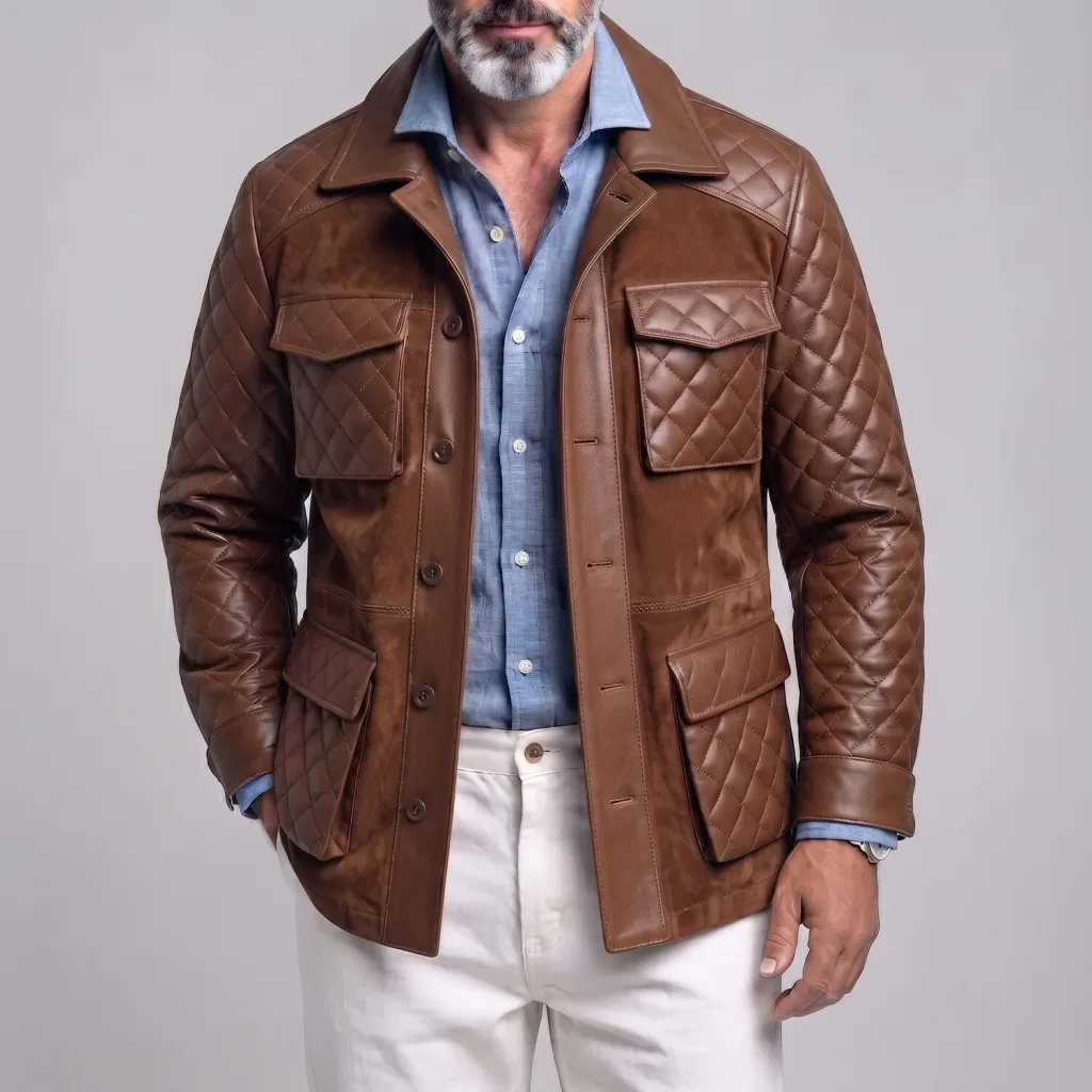 Men's Vintage Brown Turndown Collar Single Breasted Multi-Pocket Quilted PU Leather Jacket