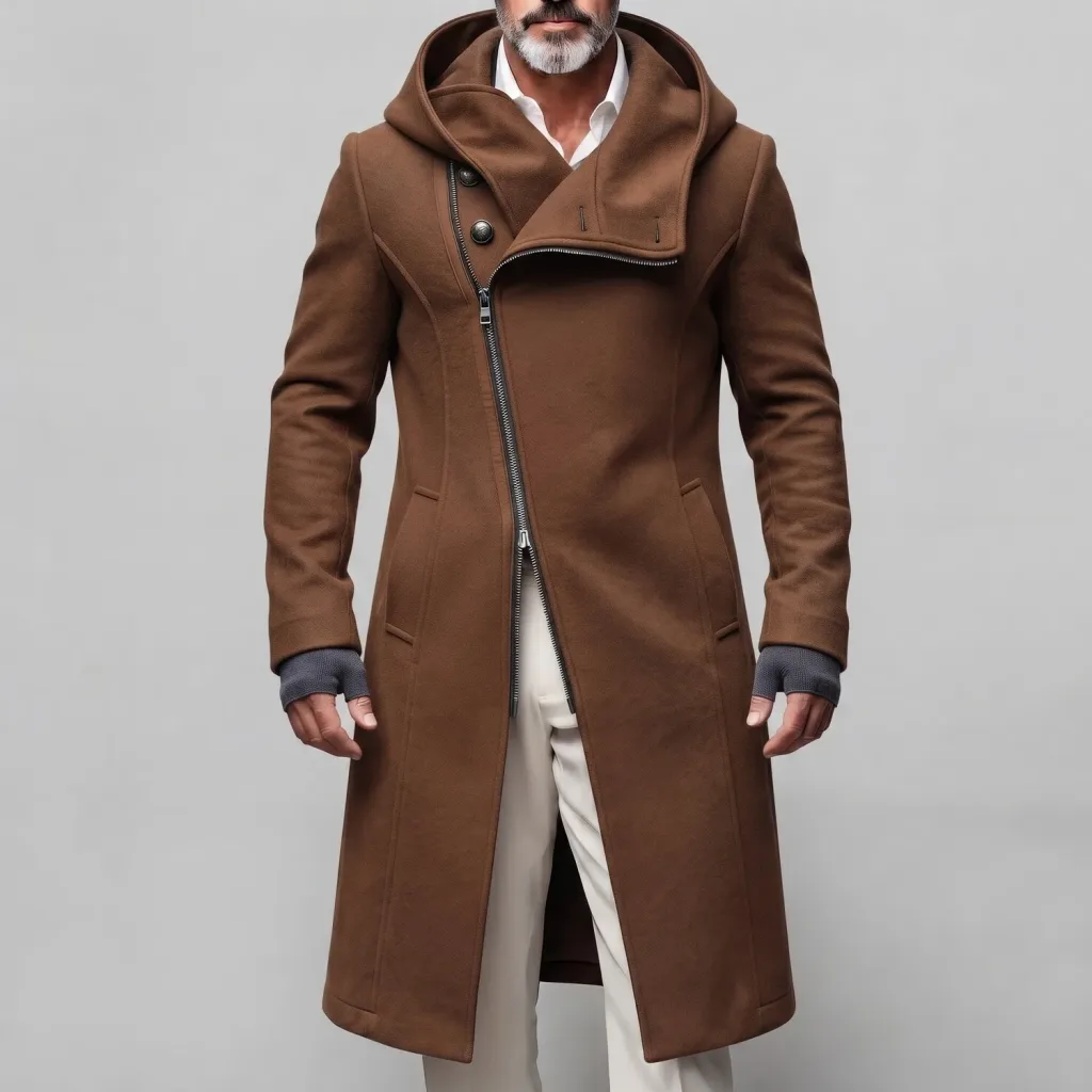 Men's Brown Plain Asymmetrical Zipper Slant Pocket Hooded Woolen Coat