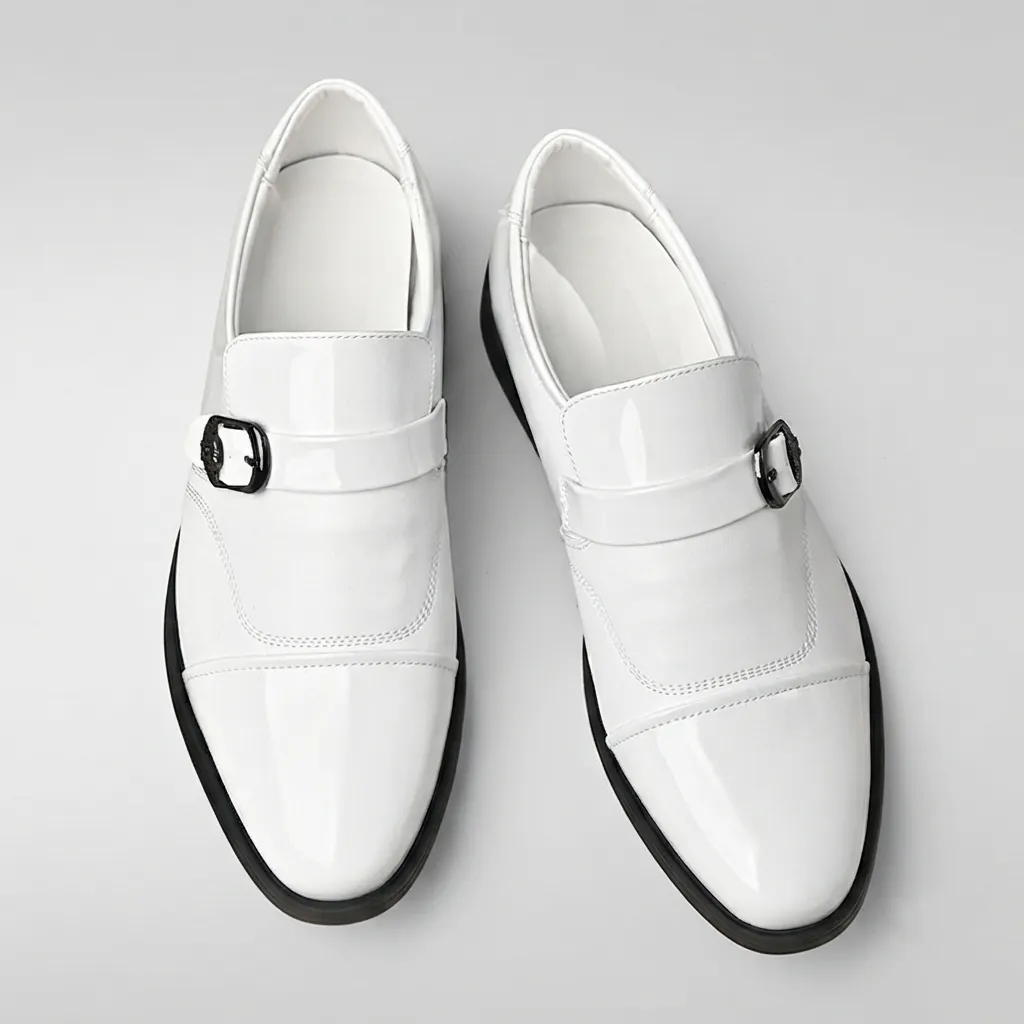 Men's Business Patent Leather Shine Cap Toe Metal Buckle Slip On Monk Loafers Dress Shoes