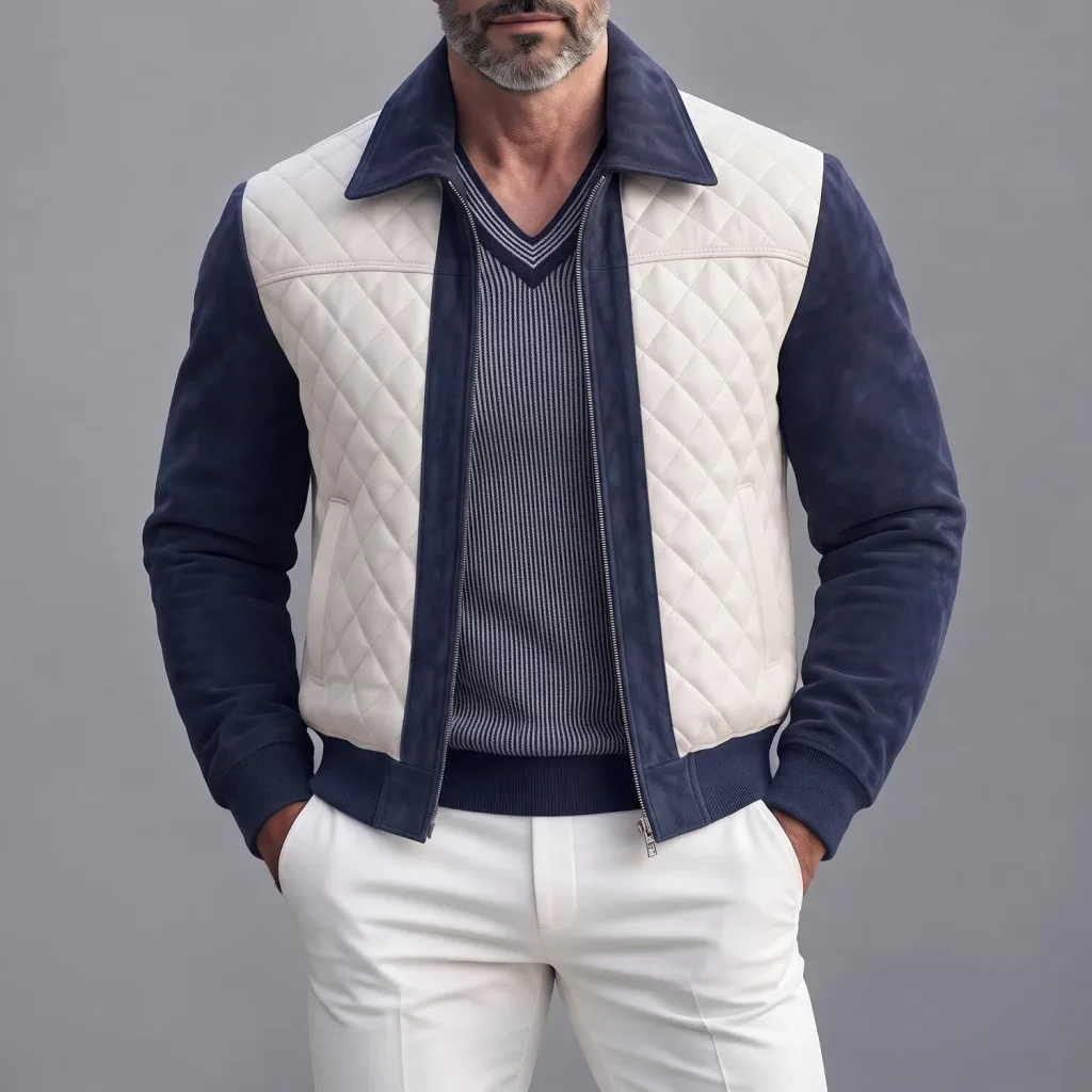 Men's Colorblock Suede Turndown Collar Quilted PU Leather Slant Pocket Zip-up Jacket
