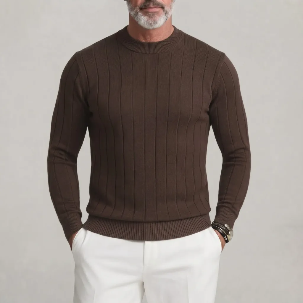Men's Solid Color Round Neck Long Sleeve Slim Fit Pit Stripe Knitted Sweater