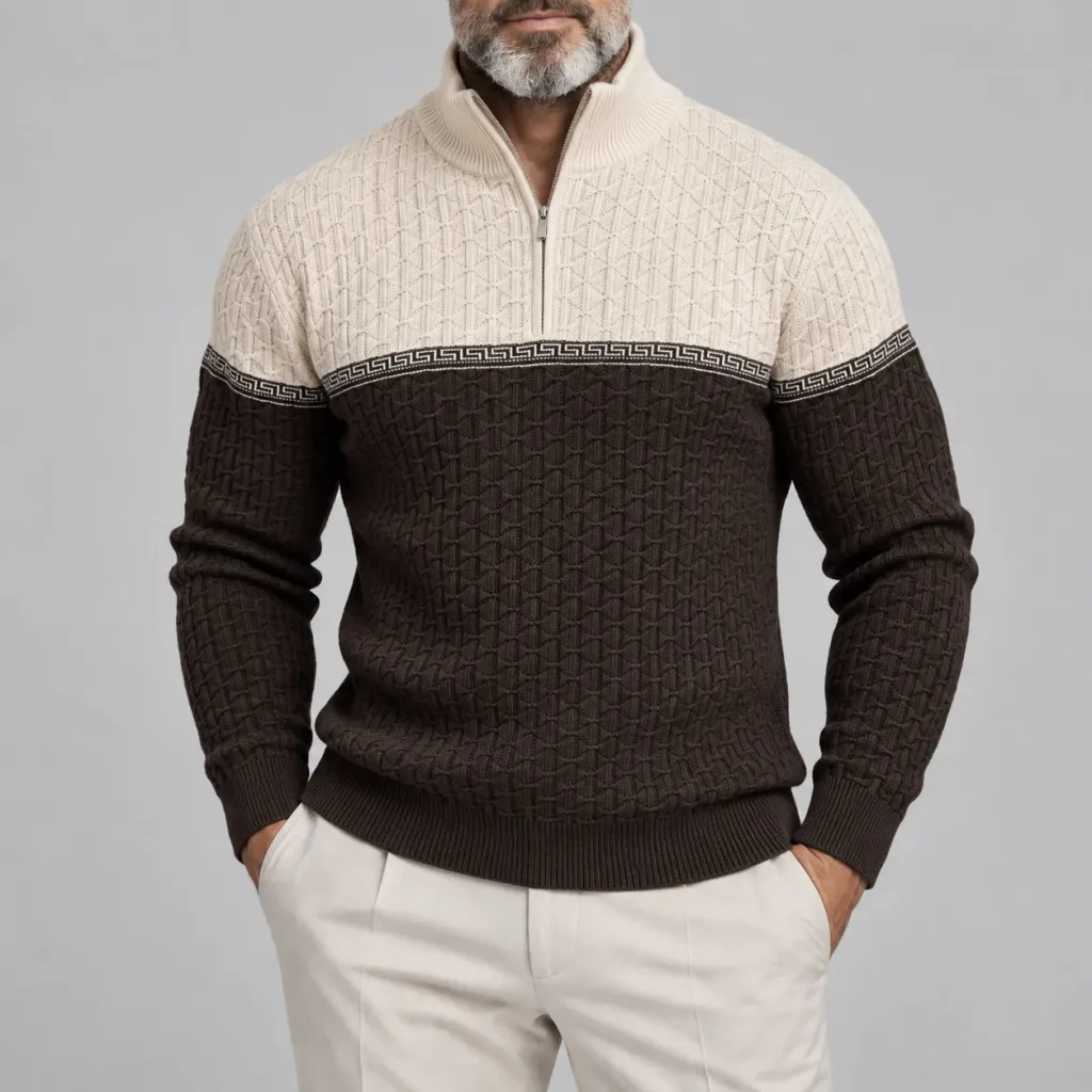 Men's Brown Colorblock Stand Collar Geometric Knit Texture Pullover Half-Zip Sweater
