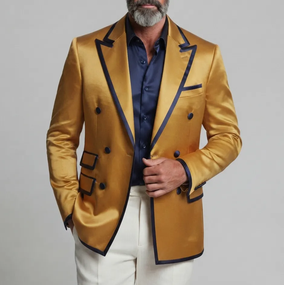 Men's Elegant Gold Satin Peak Lapel Contrast Binding Double-Breasted Blazer