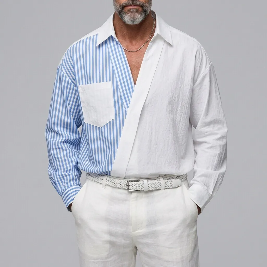 Men's Asymmetrical Contrast Striped Print Chest Pocket Loose Fit Wrapped Casual Shirt