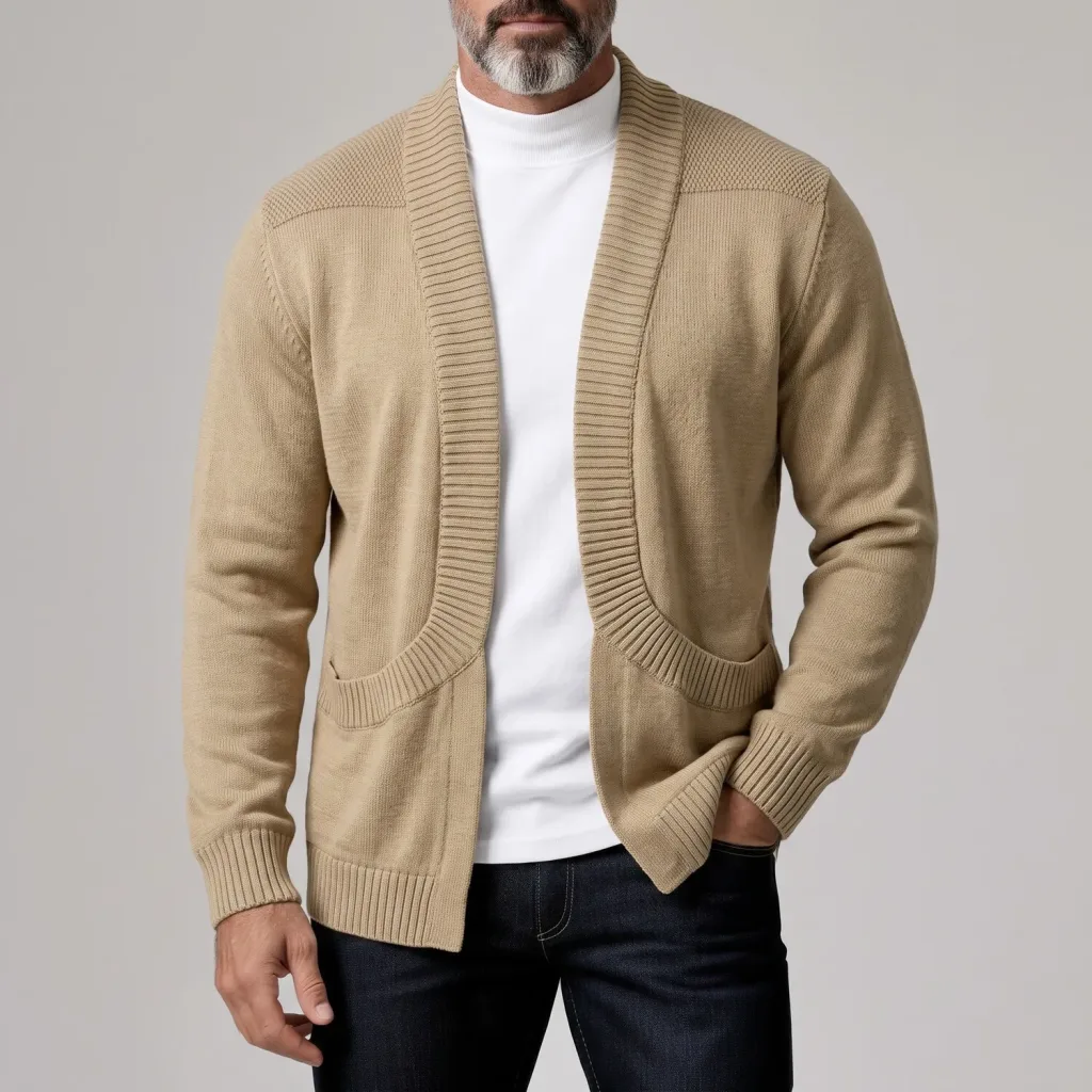 Men's Casual Solid Color Open Front Ribbed Trim Knit Cardigan