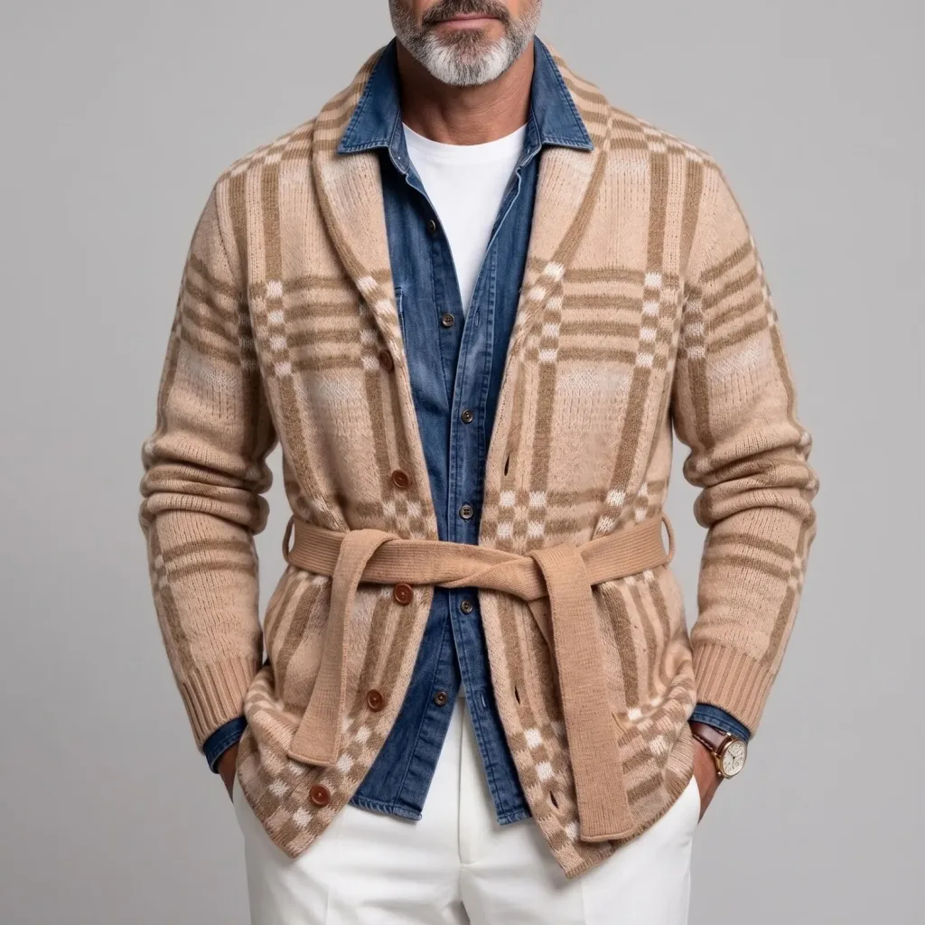 Men's Khaki Plaid Pattern Shawl Lapel Belted Single Breasted Knit Cardigan