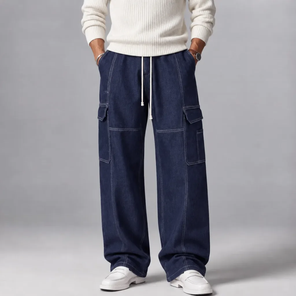 Men's Casual Denim Solid Color Straight Contrast Stitched Drawstring Cargo Pants