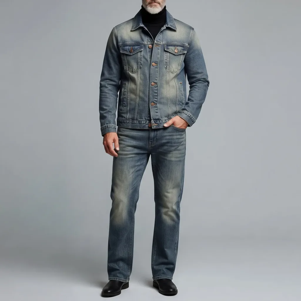 Men's Vintage Wash Denim Multi-Pocket Single Breasted Jacket & Plain Straight Leg Jeans