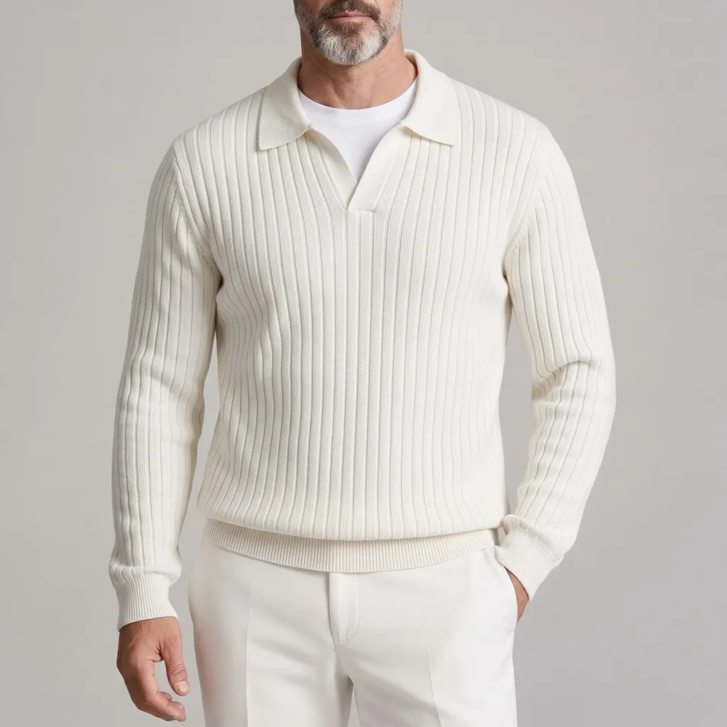 Men's Casual Solid Color Slim-Fit Ribbed Knitted Long Sleeve Polo Shirt