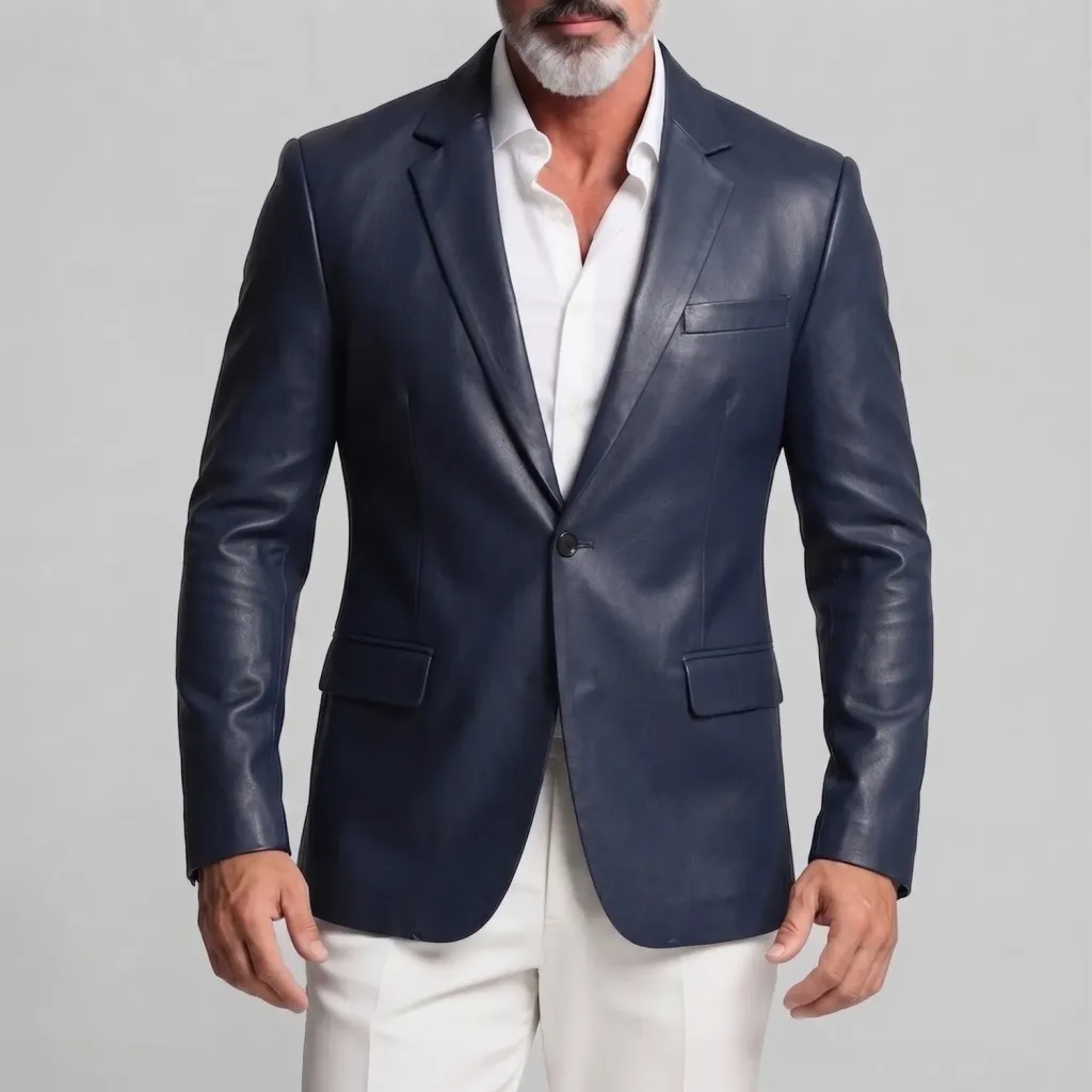 Men's Dark Blue PU Leather Plain Notch Lapel One Button Slim Fit Blazer
