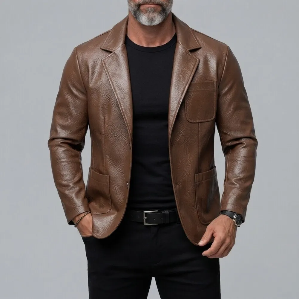 Men's Solid Color Patch Pockets Notch Lapel Casual PU Leather Blazer