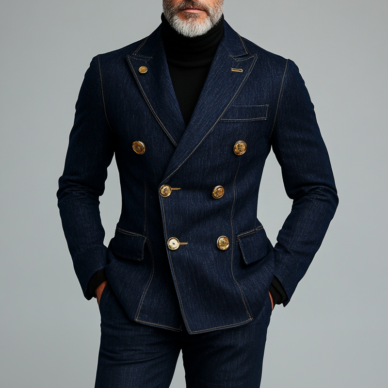 Men's Business Peak Lapel Double Breasted Flap Pocket Denim Blazer