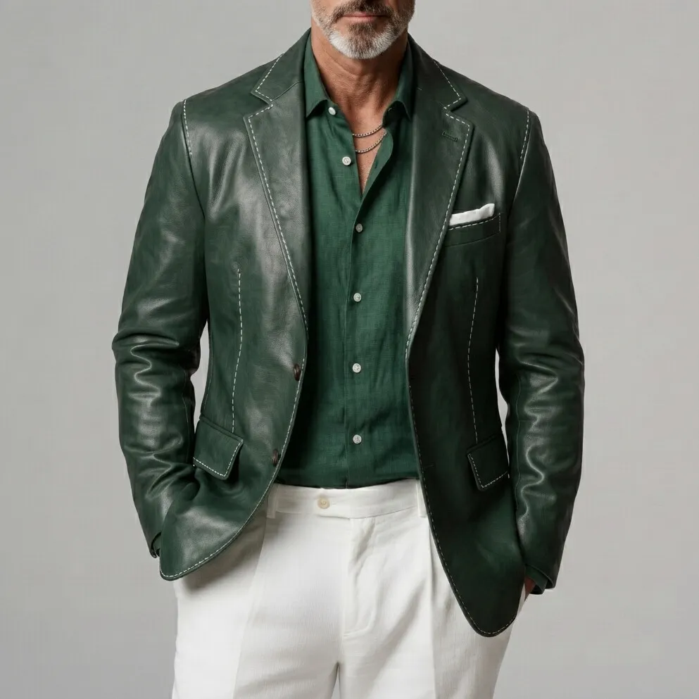Men's Emerald Green PU Leather Topstitch Detail Notch Lapel Slim Blazer