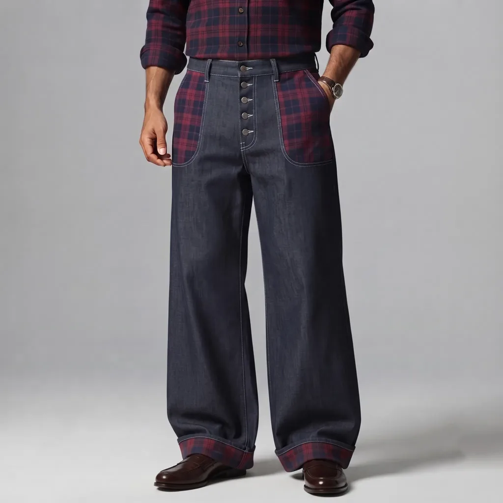 Men's Dark Blue Plaid Print Patchwork Button-Fly Wide Leg Denim-Like Pants