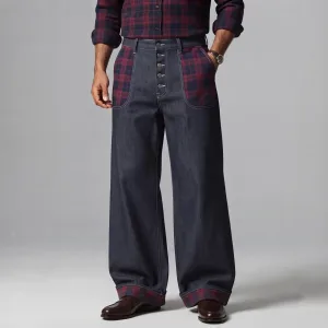 Men's Dark Blue Plaid Print Patchwork Button-Fly Wide Leg Denim-Like Pants