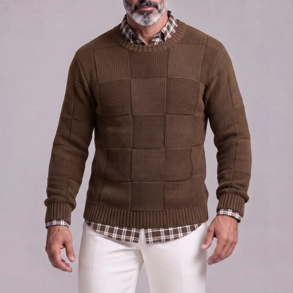 Men's Retro Checkered Texture Solid Color Round Neck Knitted Pullover Sweater