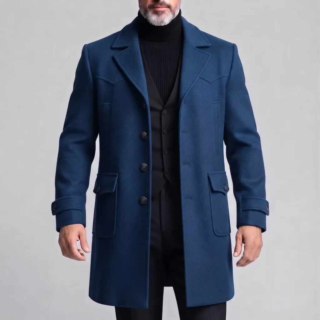 Men's Classic Solid Color Notched Lapel Flap Pocket Single-Breasted Mid-Length Woolen Coat
