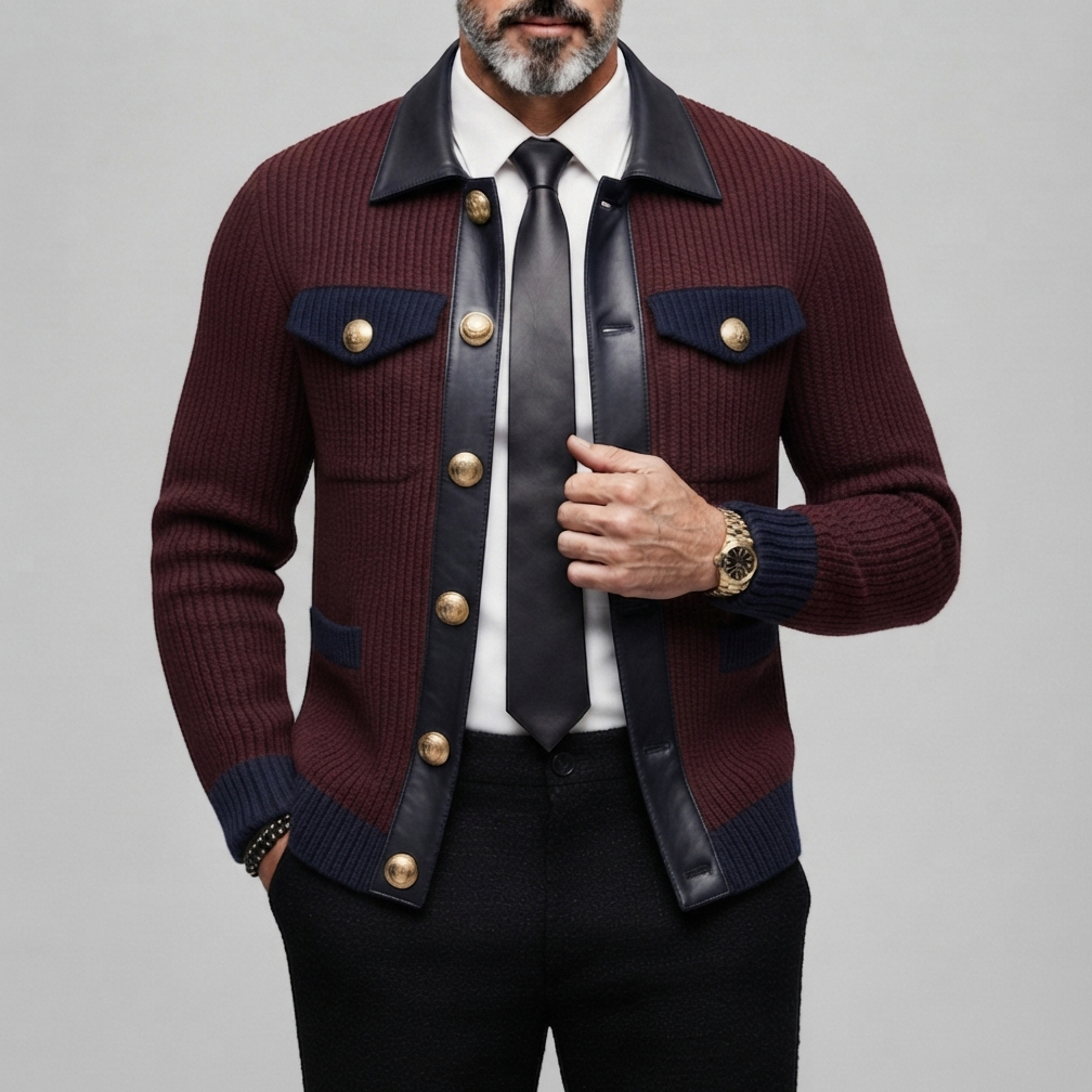 Men's Burgundy Ribbed Knit Contrast PU Leather Collar Pockets Single Breasted Cardigan