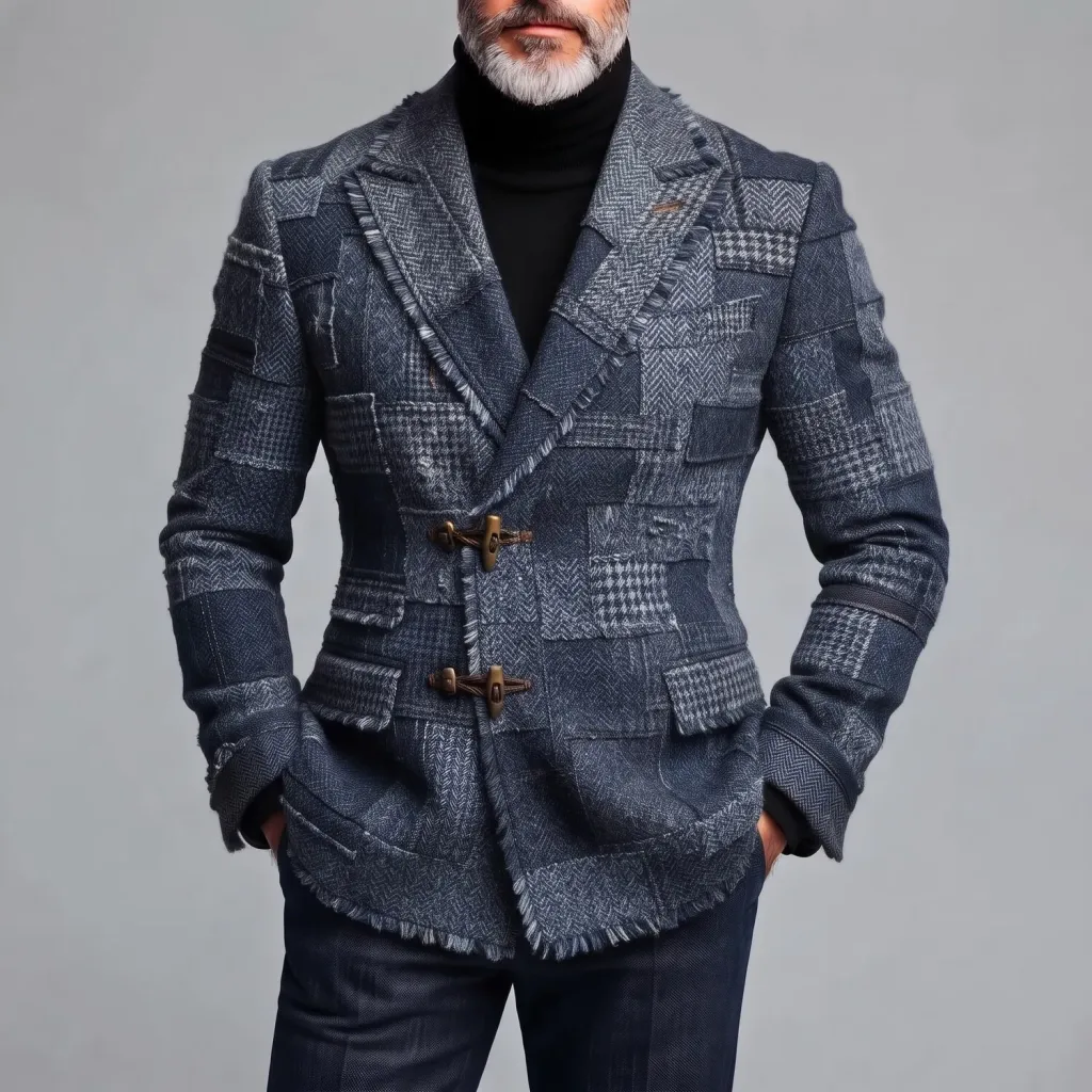Men's Stylish Dark Blue Colorblock Houndstooth Peak Lapel Toggle Closure Frayed Edge Woolen Blazer