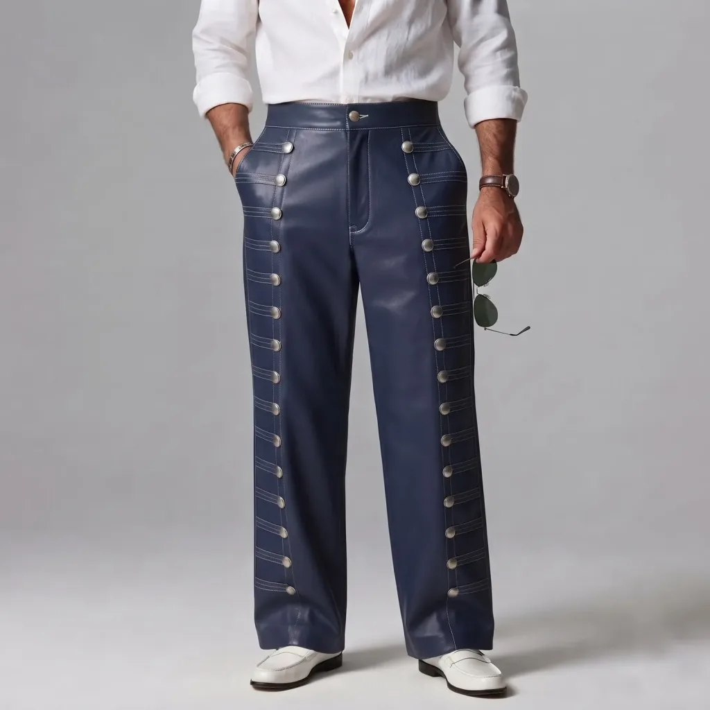 Men's Navy Blue PU Leather Double Row Buttons Contrast Stitching High Waist Wide Leg Pants