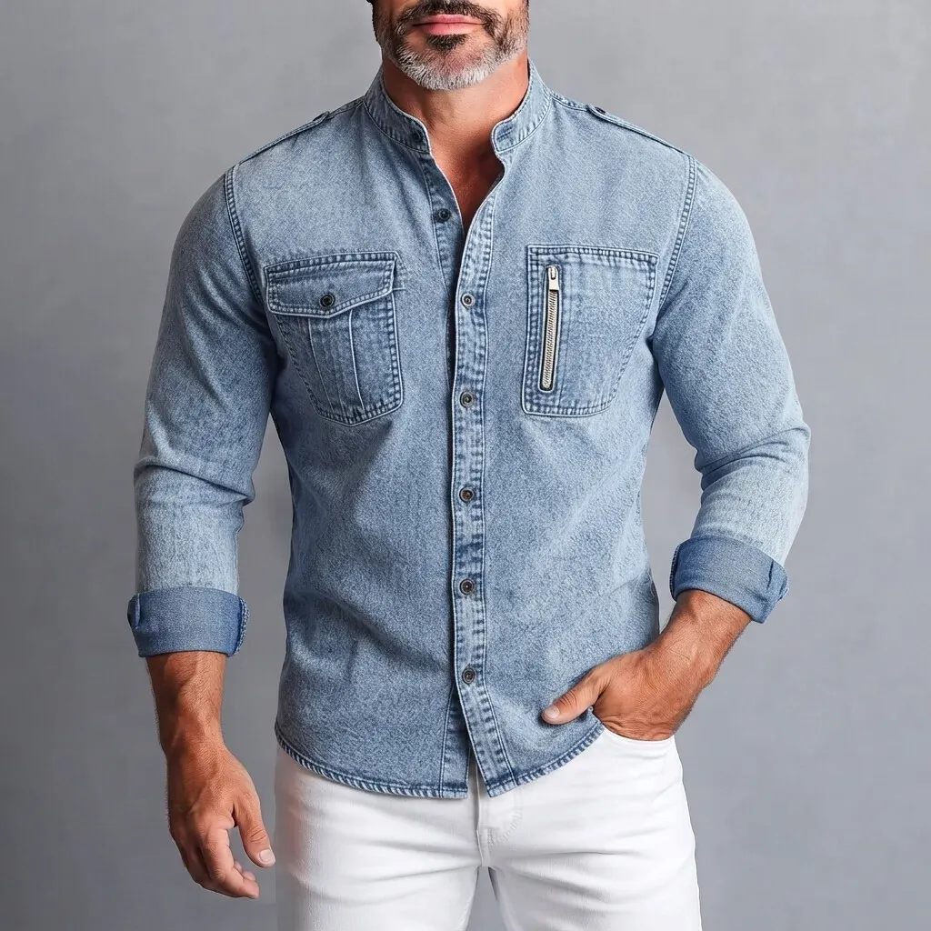 Men's Retro Washed Denim Single Breasted Stand Collar Chest Pocket Long Sleeve Shirt