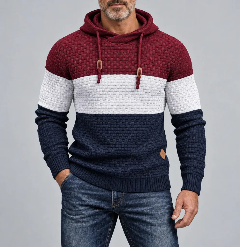 Men's Color Block Drawstring Textured Knit Sweater Pullover Hoodie