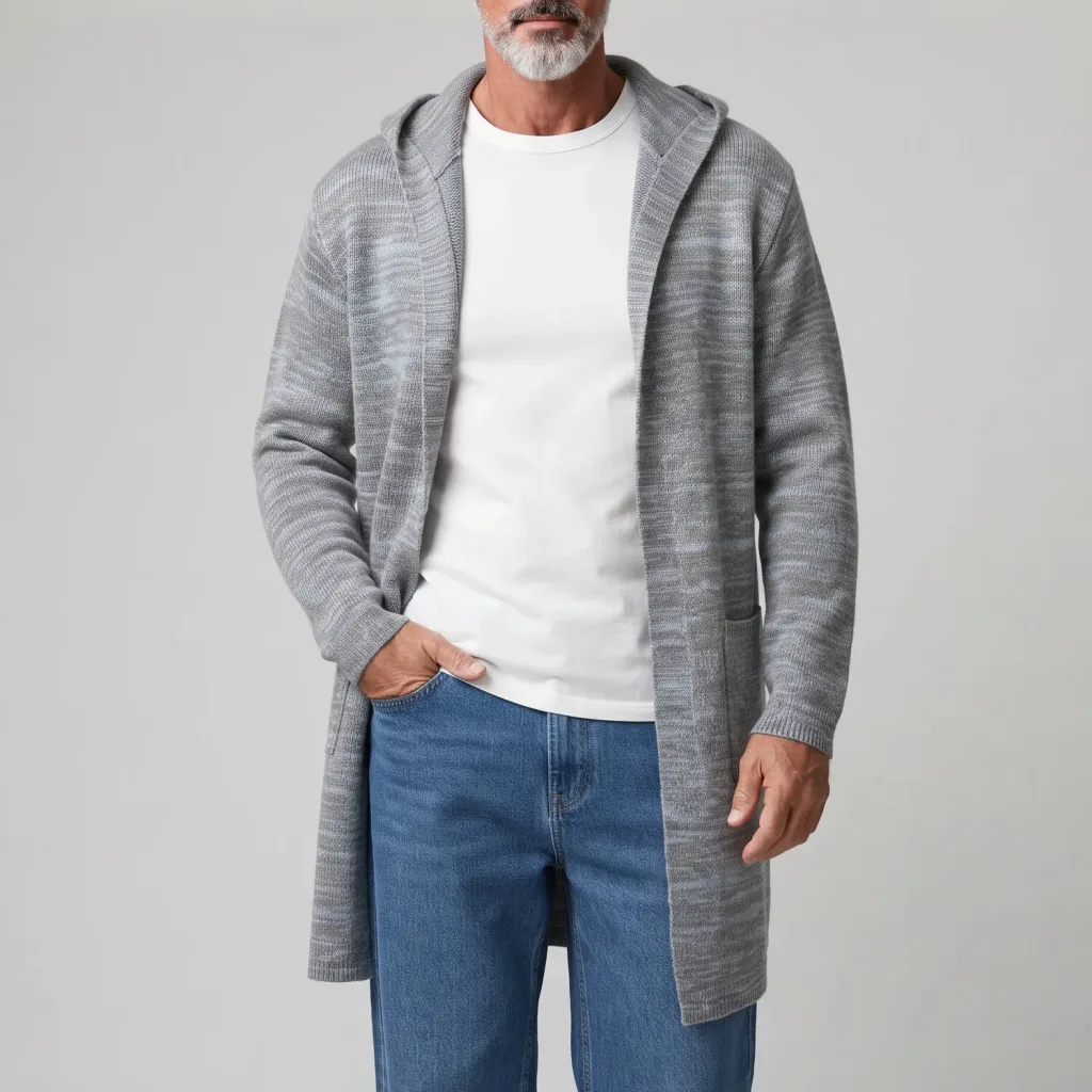 Men's Gray Patch Pockets Open Front Knitted Hooded Mid-Length Cardigan