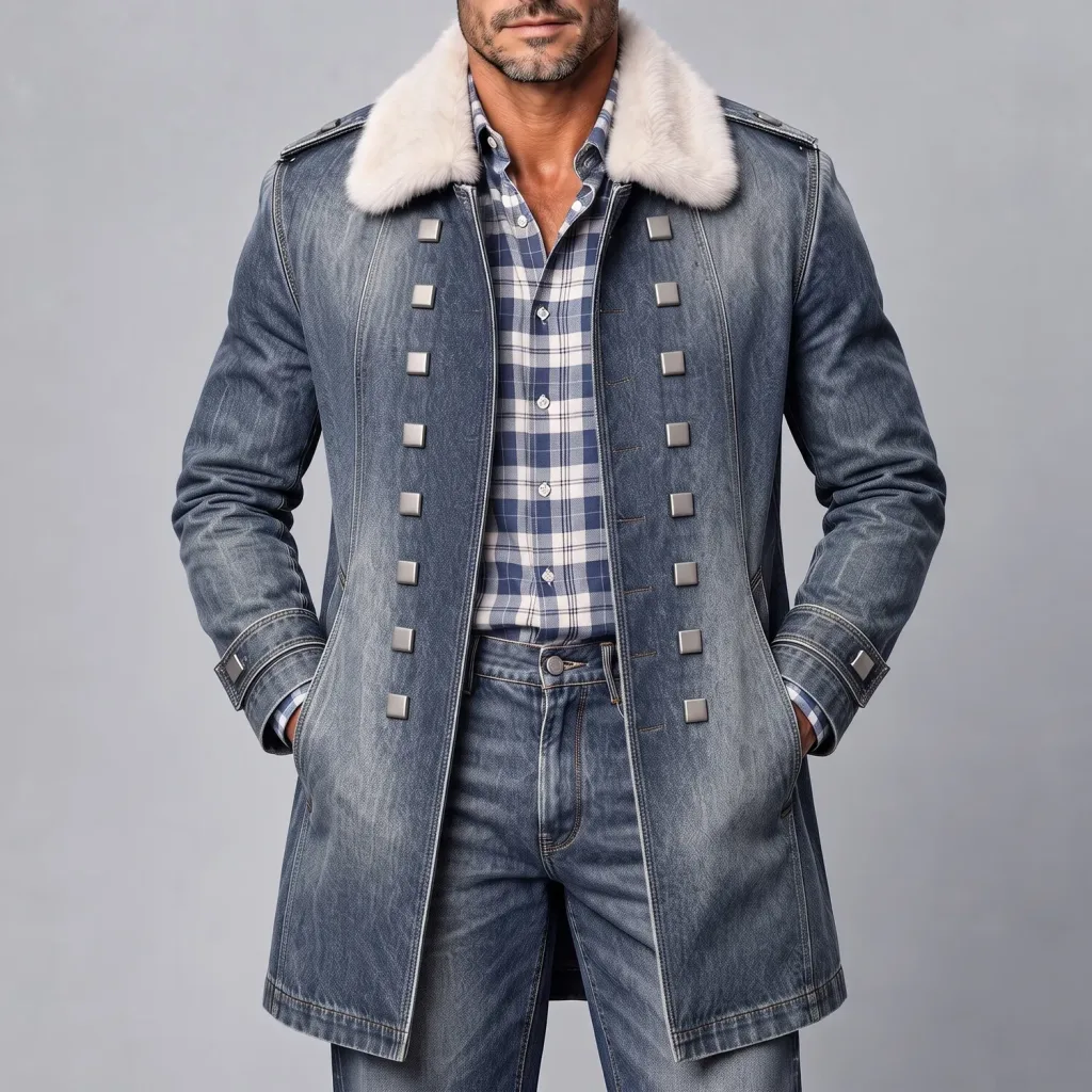 Men's Vintage Fuzzy Collar Studded Double Breasted Washed Denim Trench Coat
