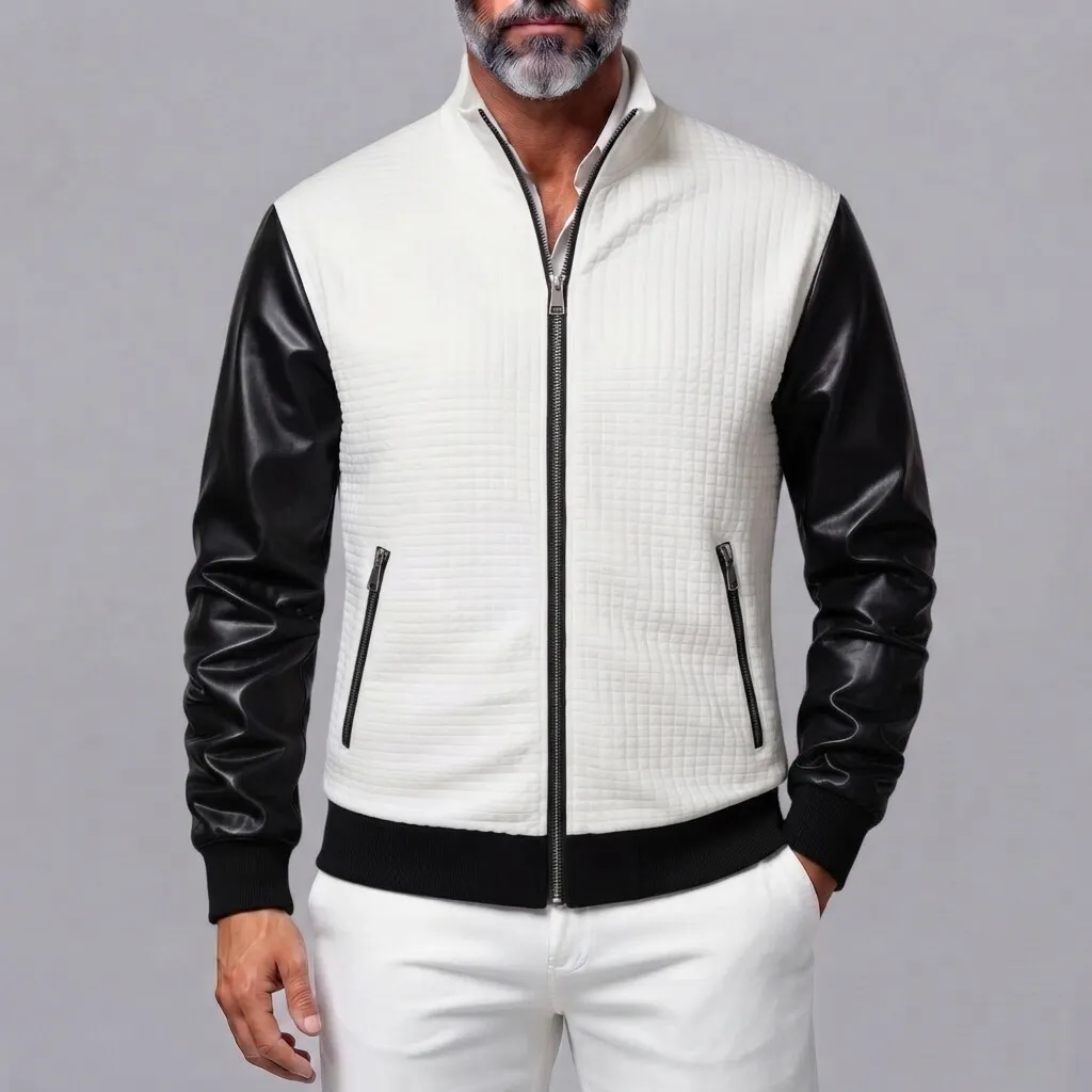 Men's Classic Colorblock Stand Collar Waffle Patchwork Long Sleeve Zip-up Jacket