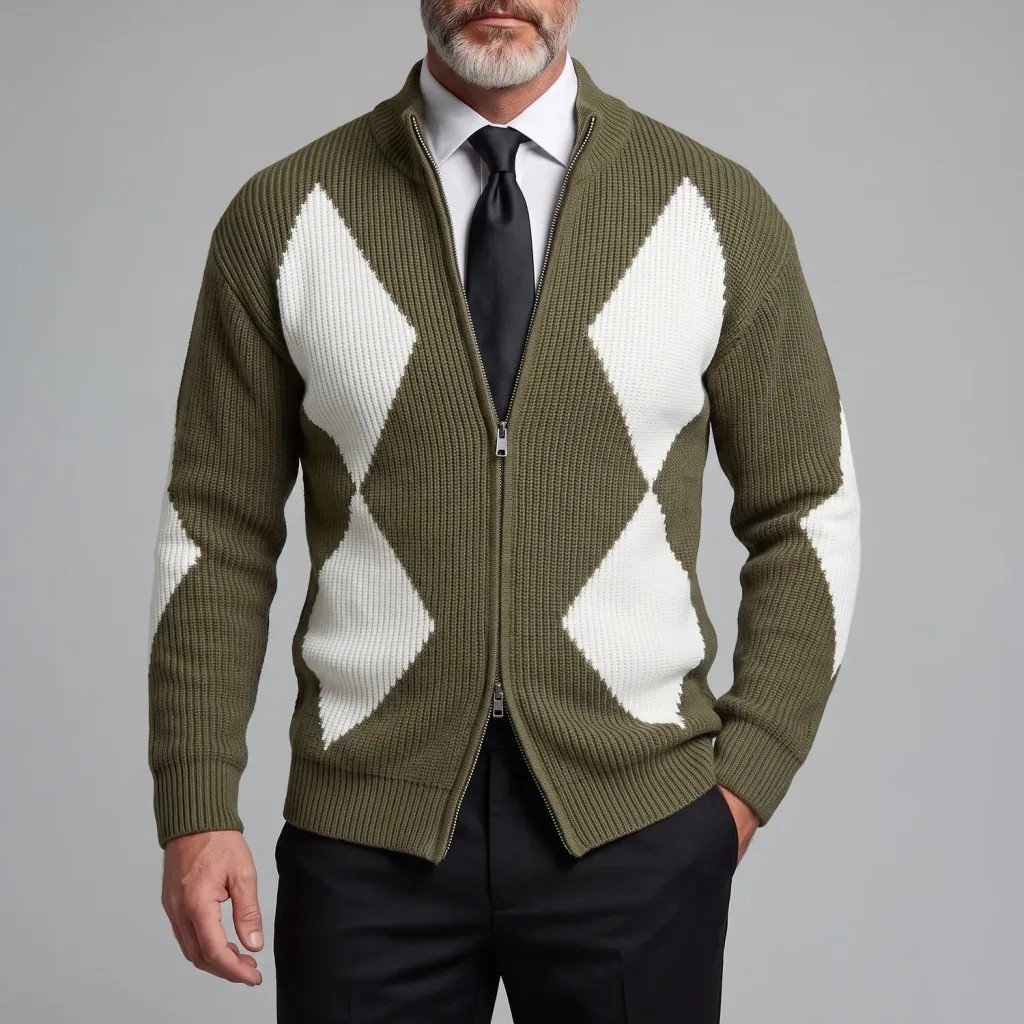 Men's Contrast Argyle Pattern Stand Collar Slim Fit Zip-Up Knitted Cardigan