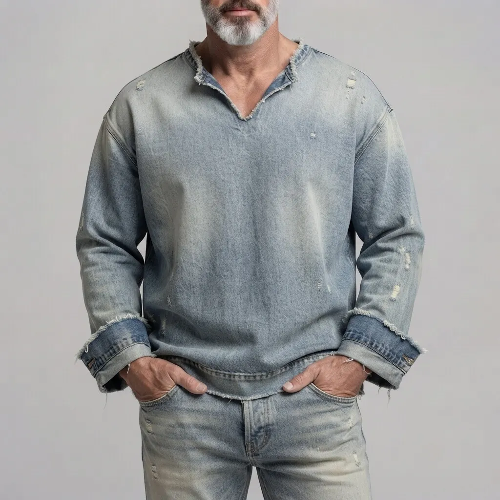 Men's Vintage Distressed Washed Denim Ripped Raw Edge Long Sleeve Pullover Shirt